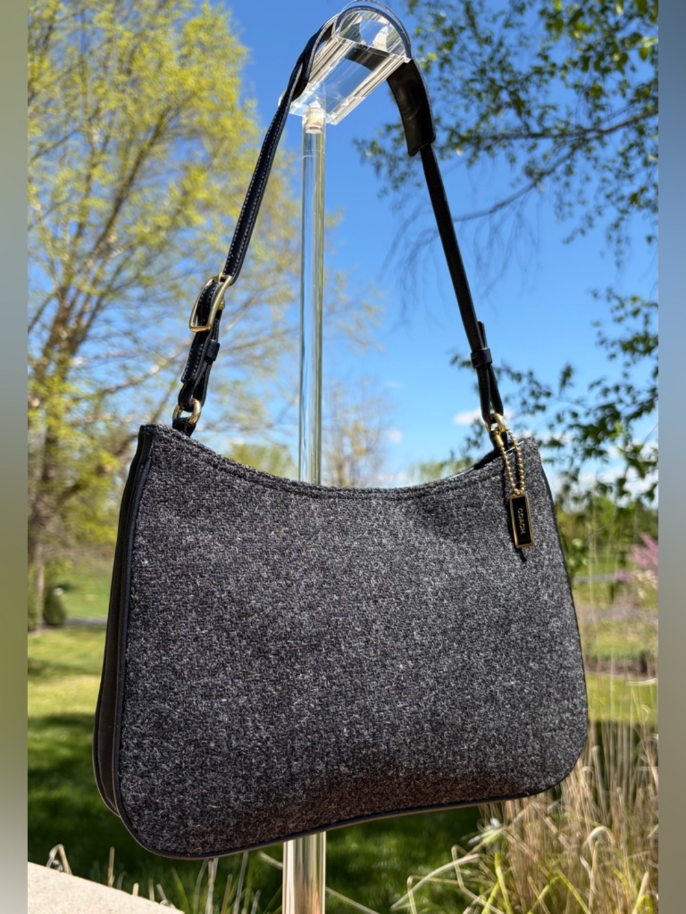 Vintage COACH Wool Hobo Small Charcoal Grey Black Leather 8308 EUC - Picture 17 of 17
